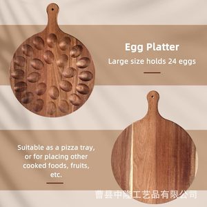 Bandeja de madera redonda para huevos con asa, tabla de quesos de madera de acacia, soporte colgante para huevos - Product Image 3