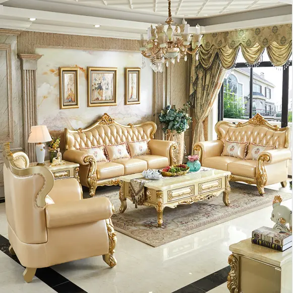 Conjunto de sofás italianos de diseño para sala de estar, 1 + 2 + 3 asientos, mueble dorado de lujo de cuero genuino para sala de estar