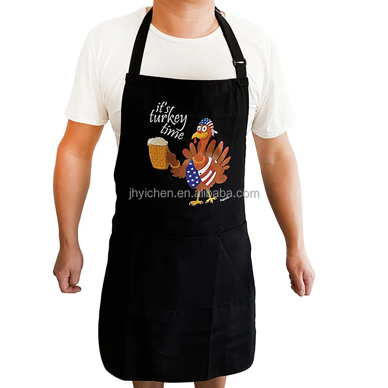 Tablier de cuisine de chef imperméable imprimé de turquie en sergé de coton avec logo personnalisé pour cafés restaurants tabliers de cuisine