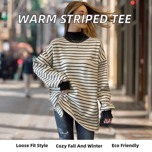 <b>Women</b> Striped Long Sleeve T <b>Shirt</b> <b>Loose</b> O Neck Pullover Knit Asymmetric Hem Compressed Eco-Friendly Autumn Winter Casual Wear - Product Image 2