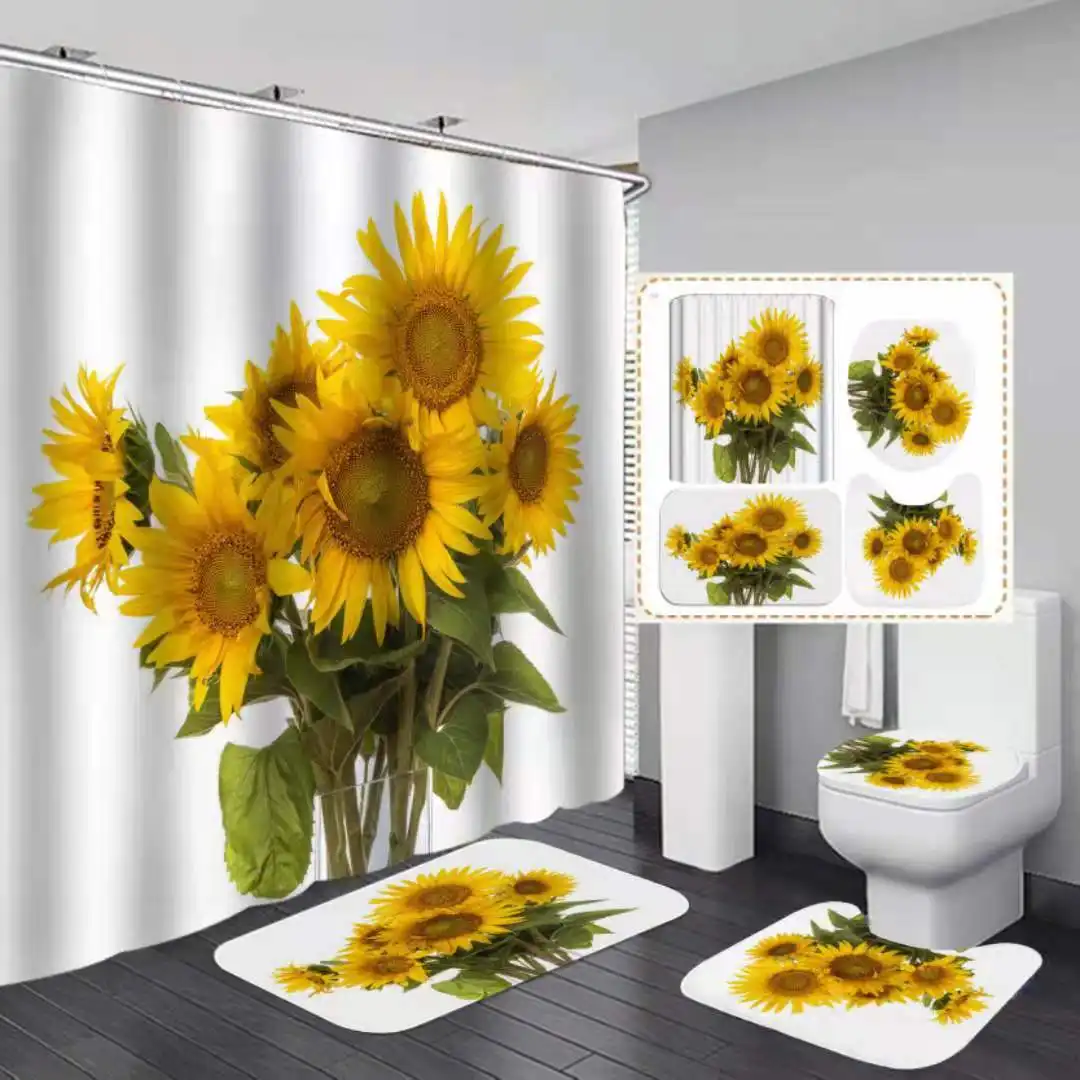 Sunflower 3D พิมพ์ชุดผ้าม่านพรม4Pcs กันน้ำห้องน้ำชุดขายส่งผ้าม่านอาบน้ำ