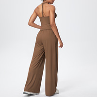 Ensemble de yoga 2 pièces pour femme, dos nageur, couleur unie, respirant, coupe ajustée, haut court et pantalon taille haute à jambes larges avec poches