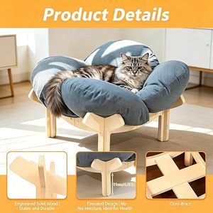Lit pour chat en forme de pétale, canapé-lit rond en bois massif pour animaux de compagnie, confortable, pour toutes les saisons, avec rembourrage en fibre de polyester - Product Image 4