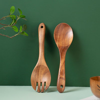 Ensemble d'ustensiles de cuisine en bois d'acacia à petites feuilles, spatule pour wok, louche à soupe, spatule en bois de teck, cuillère de cuisine - Vente chaude