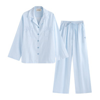 Nouvel ensemble de pyjamas décontractés pour couple, à rayures bleues et motif cocotier, en coton pur, à manches longues et col à revers, collection automne