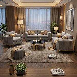 Set di Divani di Lusso per Ufficio in Tessuto Grigio con Accenti in Metallo Dorato, Design Moderno ed Elegante per Sale d'Attesa e Sale Ricevimento Aziendali - Product Image 1