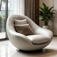 Fauteuil d'appoint à coque bombée gris clair avec structure en bois, écologique et durable, deux coussins décoratifs, base fixe solide et enveloppante