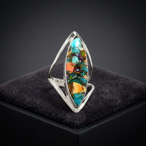 Bagues de mariage personnalisables en argent sterling 925, design minimaliste haut de gamme, turquoise naturelle multicolore, taille marquise facettée - Product Image 3