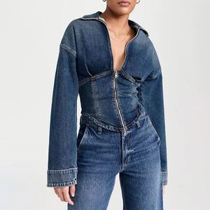 Vente en gros Automne revers fermeture à glissière bidirectionnelle 100 coton Logo personnalisé bonne qualité vêtement lavé imperméable Denim veste femme - Product Image 1