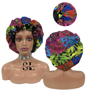 Haute qualité en gros luxe doux soie cheveux <span class=keywords><strong>Bonnet</strong></span> <span class=keywords><strong>Satin</strong></span> casquettes de sommeil impression africaine dames quotidien cire tissu Ankara <span class=keywords><strong>Bonnet</strong></span> - Product Image 1
