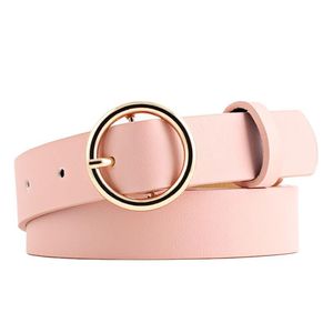 最新デザインカスタムシンプルゴールドラウンドメタルサークルバックル女性PUレザーベルト - Product Image 1