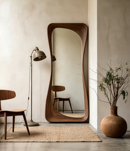 Large Walnut Wood Art Deco Wall <b>Mirror</b> <b>Irregular</b> Framed Full Length Hanging Glass Luxury Bedroom Living Room Bathroom Home Decor - Product Image 6