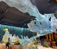 Décorations de centre commercial pour événements de mariage en intérieur, fleurs géantes en organza bleu faites à la main haut de gamme, décoration florale