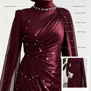 <span class=keywords><strong>Robe</strong></span> de soirée modeste en mousseline de soie perlée rouge bordeaux sur mesure OEM pour femme, Abaya musulmane à col montant avec cape latérale, <span class=keywords><strong>robe</strong></span> de mariée pour femme - Product Image 2