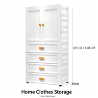 Armoire en plastique PP blanc 69x38x150cm avec tringle de suspension et 4 tiroirs, grand meuble de rangement pour vêtements pour chambre à coucher et maison