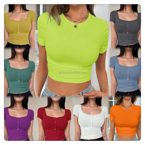 <span class=keywords><strong>Camiseta</strong></span> Corta de Algodón Acordonado de Moda de Alta Calidad, <span class=keywords><strong>Camiseta</strong></span> Corta Informal de Verano para Mujer, Estampada, Elástica, para Mujer - Product Image 5