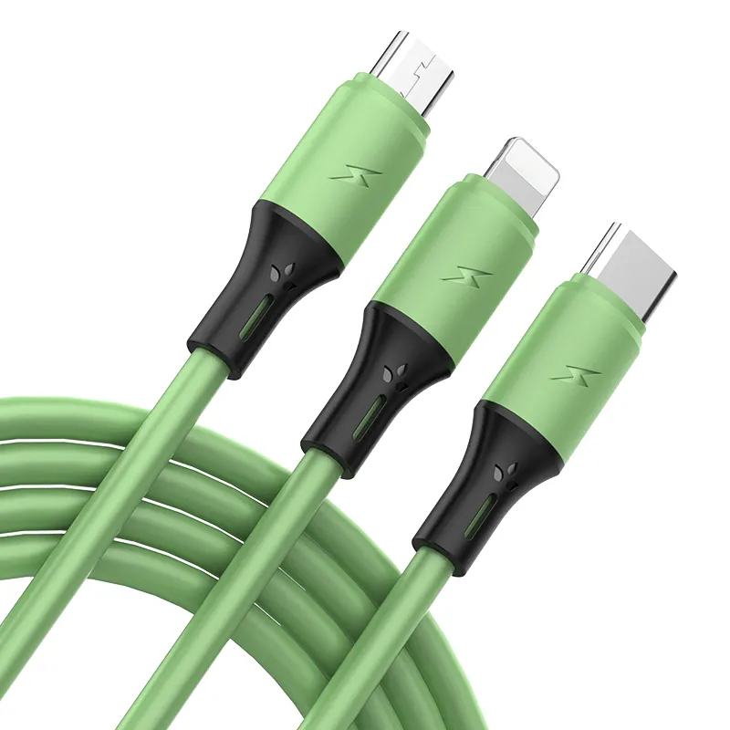 New Material 3 IN 1 Bendable Liquid Silicone Fast Charging Cable For iPhone Lightning USB Type- C Micro Cord