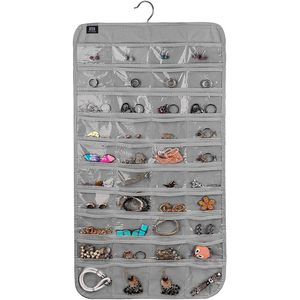Hanging Jewelry Organizer 80 Pocket Grey Rectangular for Earring Ring Storage Women Girls Modern Non Woven Fabric - Product Image 1