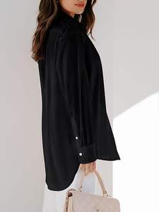 Camisas de <span class=keywords><strong>Mujer</strong></span>, <span class=keywords><strong>Blusas</strong></span> de Manga Larga, Túnicas Casuales Lisas, Tops con Bolsillos, 65% Algodón, 30% Tela Ancha, Lavables - Product Image 3