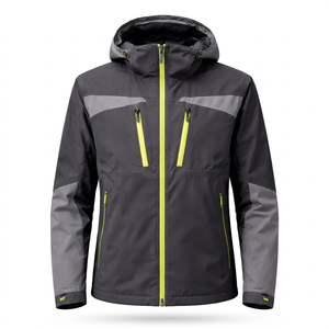 Veste de ski imperméable pour homme avec capuche, blocs de couleur et fermeture éclair, noire et grise avec accents jaunes fluo - Product Image 4