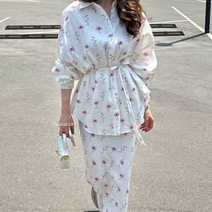 Ensemble haut et jupe à manches longues à imprimé floral blanc, taille nouée, costume décontracté pour femmes S M L XL XXL - Product Image 1