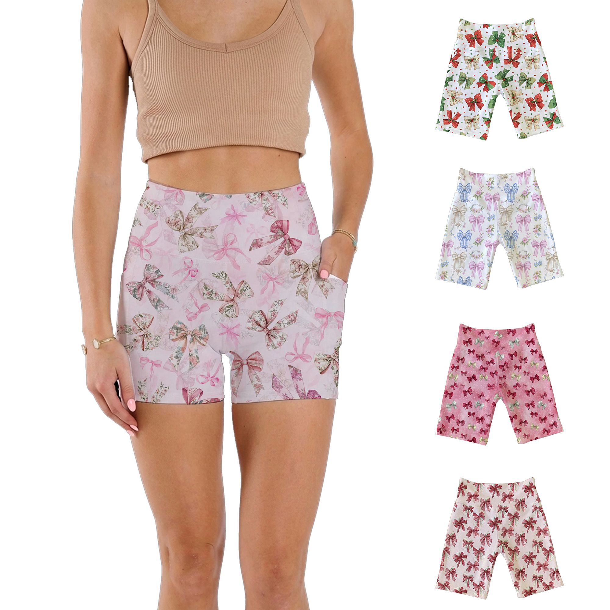 Women High Waist Bow Print Biker Shorts With Side Pockets Custom All Over Ribbon Sublimation Print Stretch Yoga Cycling Shorts