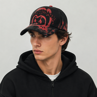 Casquette Trucker Noire Street Snapback avec Imprimé Flamme Rouge, Personnage de Dessin Animé Diable, Broderie de Lettres Gothiques en Strass pour Hommes Mexicains