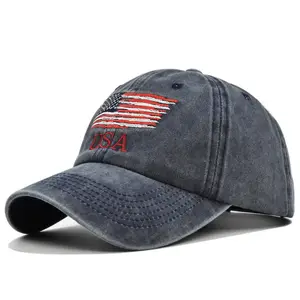 Custom Logo Gewassen Distressed Vintage Baseballpet Usa Geborduurd 6 Panel Ongestructureerde Verstelbare Baseballpet