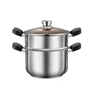 ステンレス鋼蒸し器3層鍋スープ鍋ダブルボトムガス電磁調理器蒸気グリッド調理鍋カバー付き