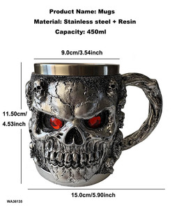 Taza de caballero grande de acero inoxidable, decoración gótica nórdica, regalo de Festival Vikingo, <span class=keywords><strong>Calavera</strong></span>, café gótico, ojos rojos, taza fantasma de Halloween - Product Image 2