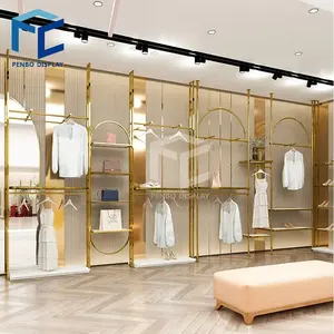 Custom Metal Boutique Clothing Shelves Garment Display Stainless Steel Gold Clothes Display Racks Shelf For Clothing Shop