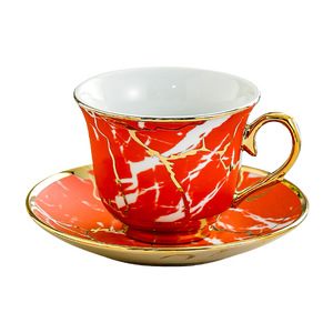 Ensemble de 6 tasses à café en céramique avec soucoupes, bord doré, motif marbré, pour le thé de l'après-midi, usage domestique - Product Image 4