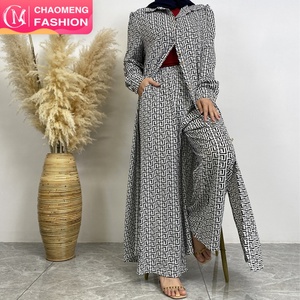 6674# Summer Fast Fashion 2 Piece <b>Set</b> Satin Printed Pant <b>Sets</b> With Buttons Long Cardigan Loose Women Pants for Muslim Women - Product Image 1