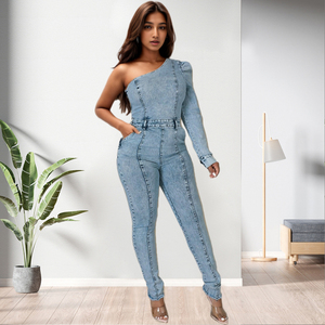 Nouveaux produits : Combinaison en jean moulante asymétrique pour femme, idéale pour les sorties décontractées et la mode - Product Image 2