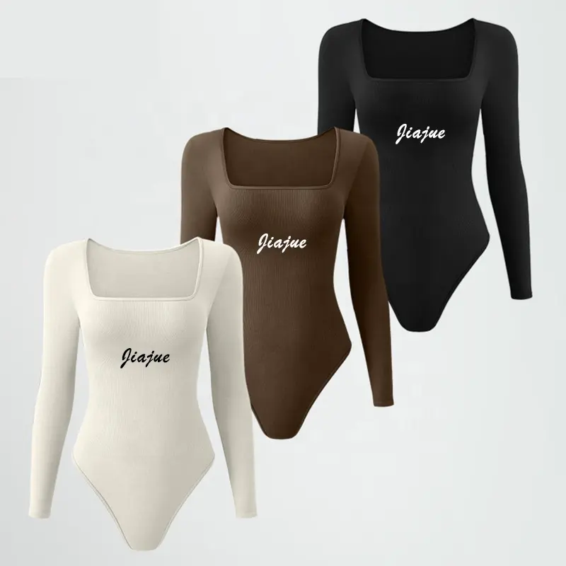 Custom Logo Bodyshaper Sexy Vierkante Hals Jumpsuit Lange Mouwen Bodysuit Tops Mode Clubwear Body Shapewear Taille Afslankkorset