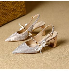 Silver French Mary Jane High Heel Sandals, Pointed Toe One Strap Buckle <b>Block</b> Heel Bridal Wedding Shoes for Women - Product Image 1