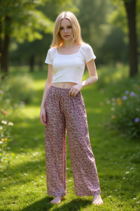 Pantalones Anchos de Mujer, de Algodón y Fibra de Bambú, con Estampado Floral, Corte Holgado, Cintura Media, Largos, Casuales, de Verano, Tejidos y Transpirables - Product Image 2