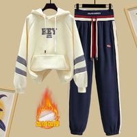 Ensemble deux pièces chaud et imperméable en peluche unie avec capuche pour femme, comprenant un pull brodé et un pantalon sarouel décontracté, idéal pour l'hiver.