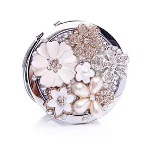 metal new pocket mirror with flowers and stones CD-MQ039