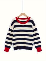 Pull à col rond rayé contrasté respirant pour femmes, à manches longues, côtelé, décontracté, pour le quotidien, 100% polyester