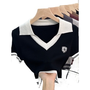 <span class=keywords><strong>Chemise</strong></span> polo <span class=keywords><strong>chic</strong></span> pour femmes en soie glacée d'été, tricotée, unique, col en V, manches courtes - Product Image 5