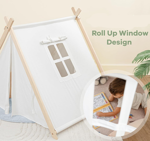 Rộng rãi phong cách 100% thoáng khí bông vải trẻ em Lều trong nhà chơi lều dễ dàng thiết lập an toàn di động cấu trúc bằng gỗ (Tự nhiên - Product Image 6