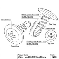 Vis autoperceuses à tête cylindrique, acier au carbone, zinguées, à tête cruciforme modifiée, vis Tek DIN7504