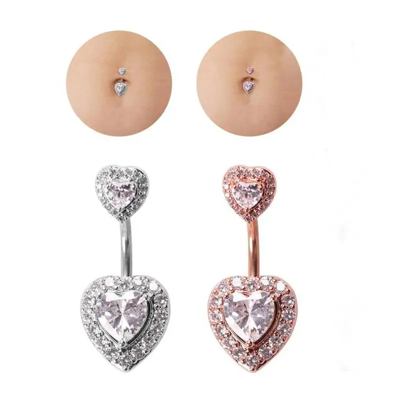 Rose Gold Plated Stainless Steel Belly Rings Navel Rings Piercing Jewelry Surgical Steel Double Zircon Heart Belly Ring