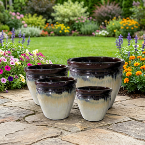 Ceramic Modern Glazed Floor Outdoor Planters <b>Set</b> with 3 Pots for Garden Use - Product Image 1