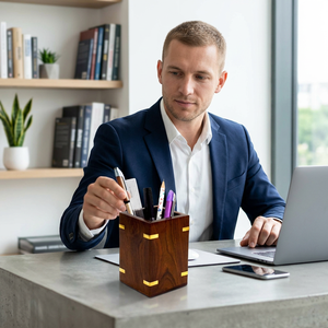 Porte-stylos moderne en bois avec design géométrique et accents dorés pour l'organisation du bureau - Product Image 1