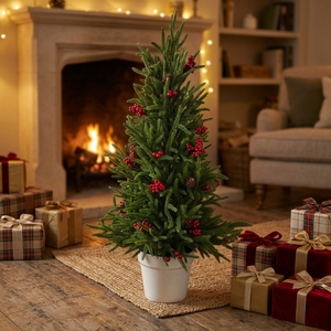 Mini <span class=keywords><strong>sapin</strong></span> de Noël artificiel en <span class=keywords><strong>plastique</strong></span> avec cônes de pin et baies rouges - Décoration d'intérieur pour salon, chambre et bureau - Product Image 6
