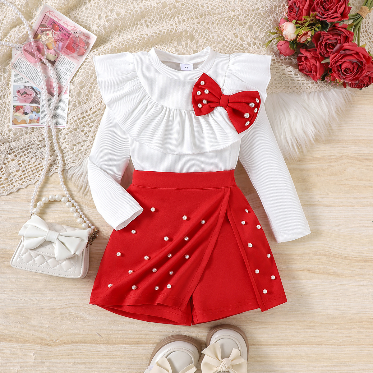 Red Skirt White Shirt Stylish Women's Clothing Set
