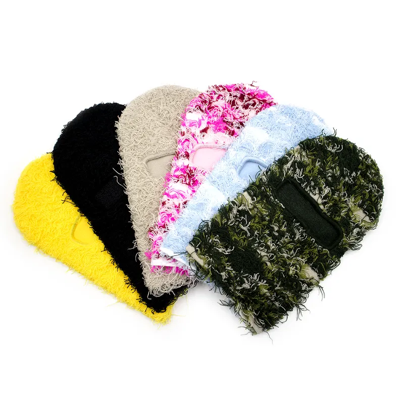 Wholesale Custom Winter Trendy Premium Distressed Fuzzy Grassy One Hole Yeat Shiesty Knit Face Cover Ski Mask Balaclava Skimask