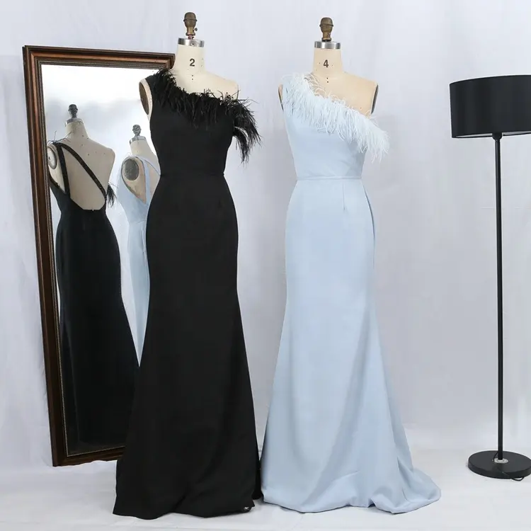 Black blue Solid Color feather One Shoulder Simple designs Women Party Satin Evening Dress